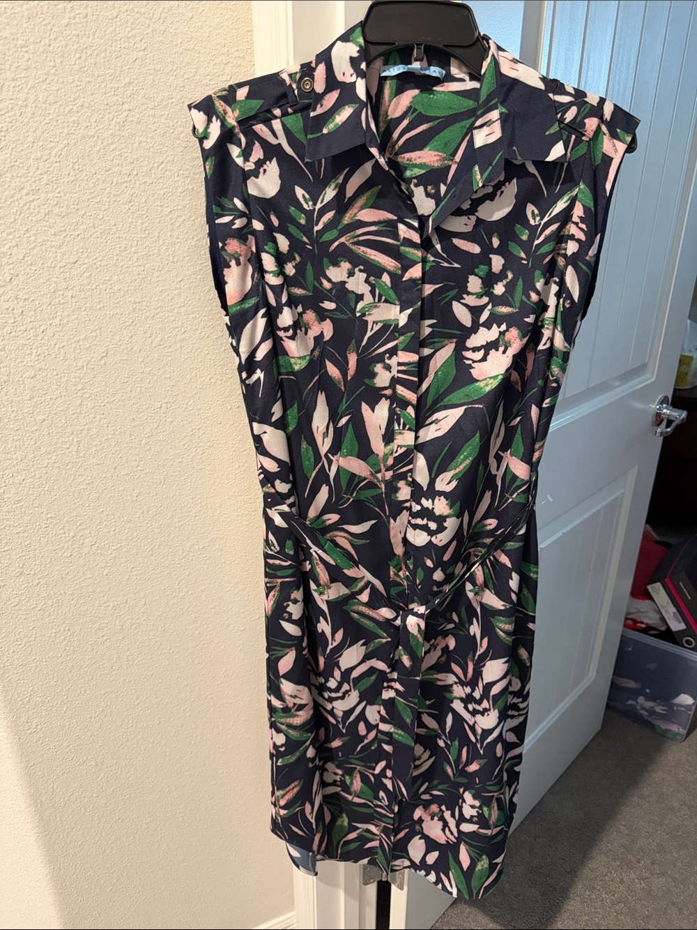 ANTONIO MELANI Navy Floral Midi Dress with Pink and Green Leaves